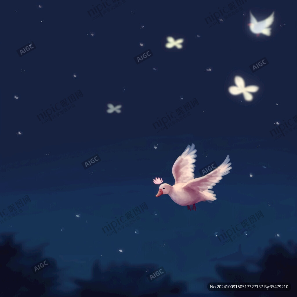 夜空飛翔的粉色小鳥