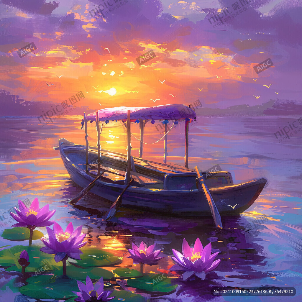 夕陽下 孤舟泛舟