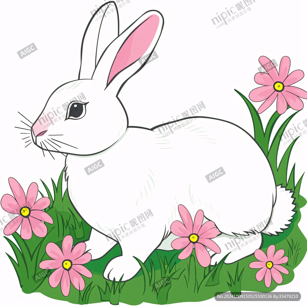 可愛白兔 花叢嬉戲