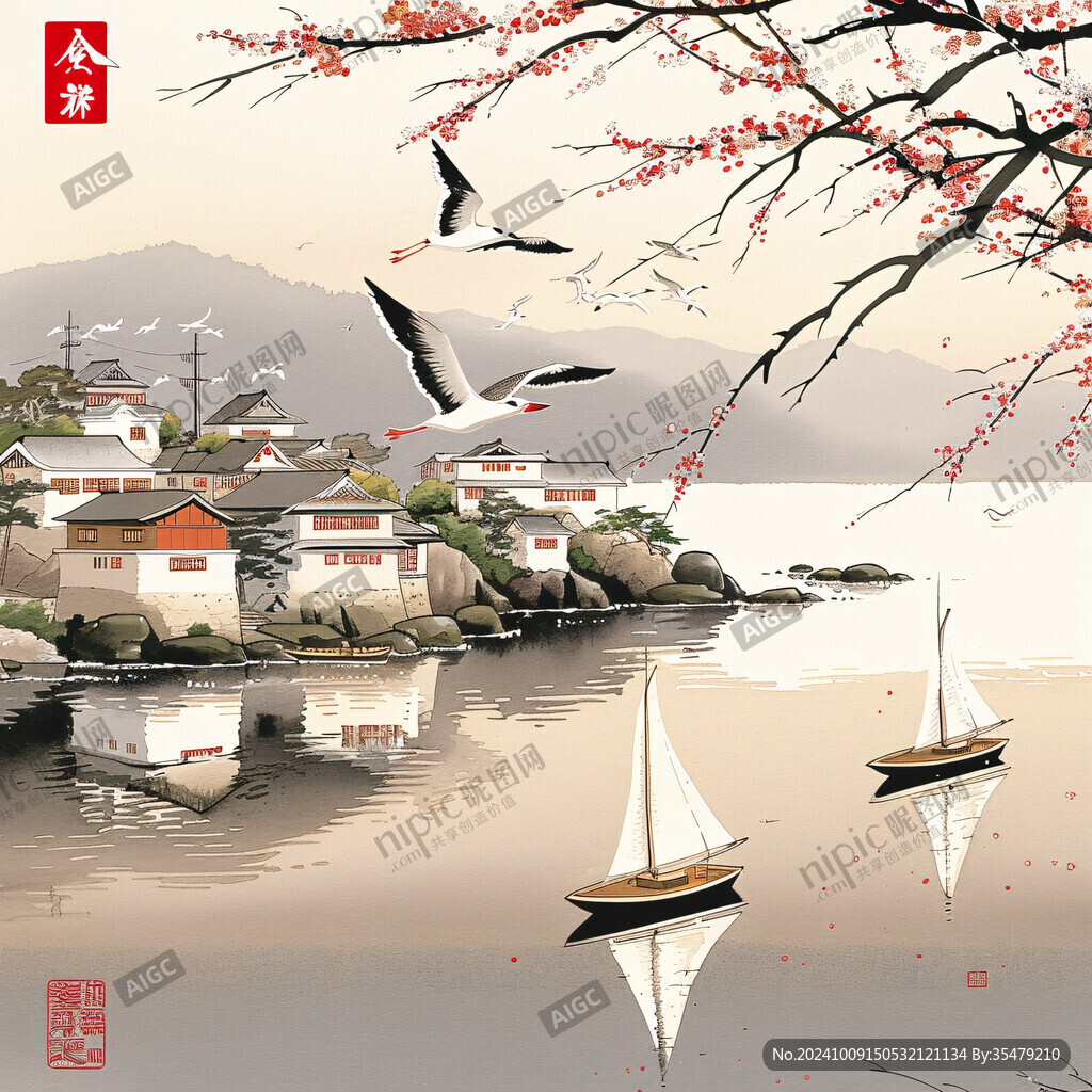 遠山海鷗伴帆影