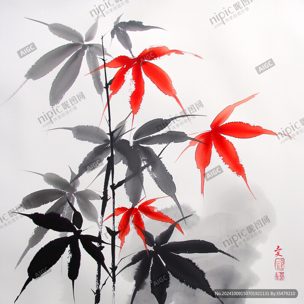 手繪工筆紅葉