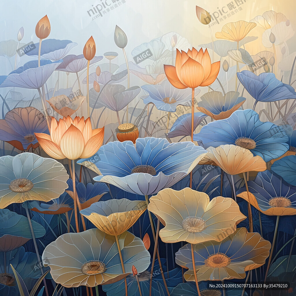 藍(lán)色荷花壁畫