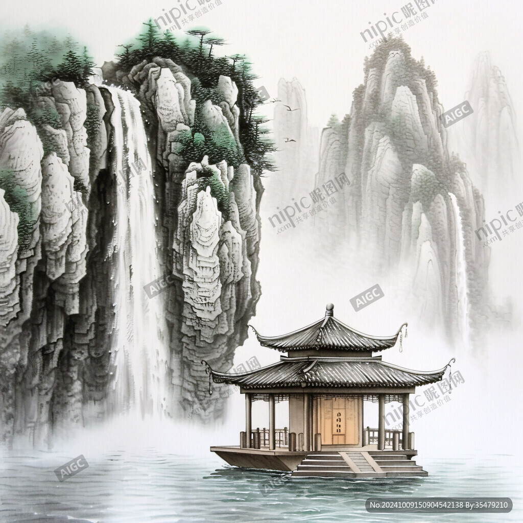 山水樓閣亭臺墻畫