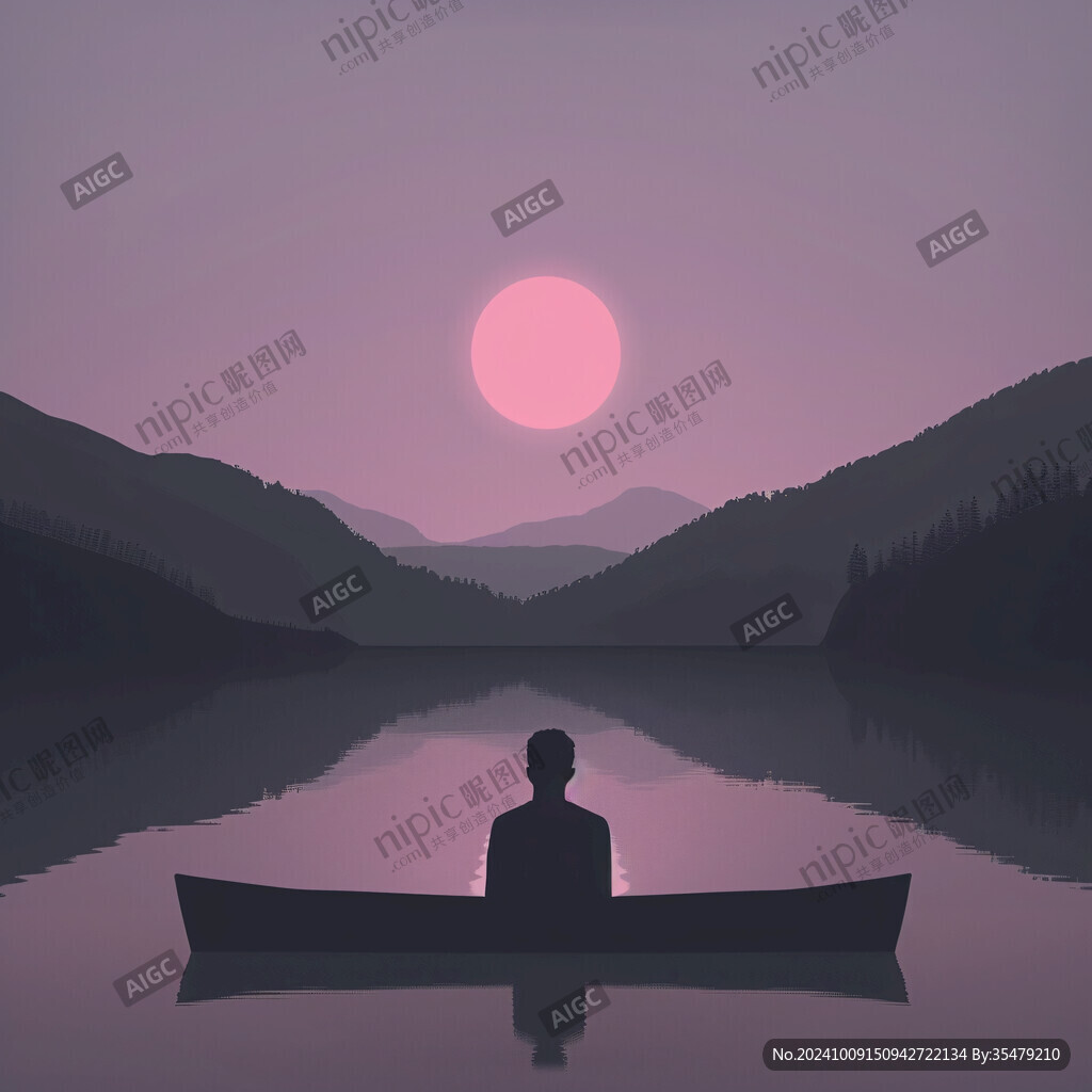 溪流小船白鶴落日山巒