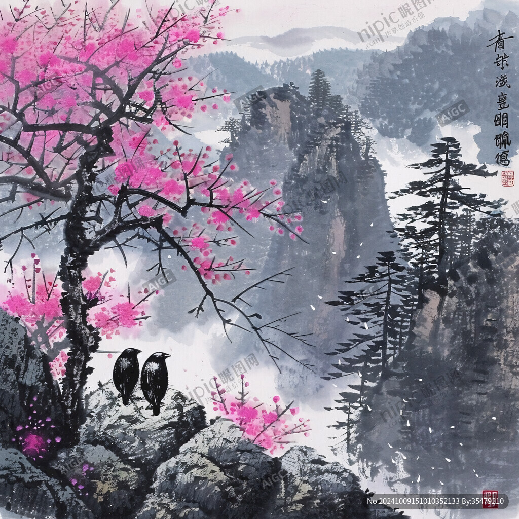 梅花丹頂鶴國畫山水