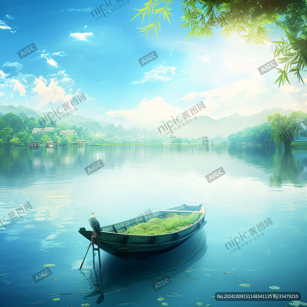自然風(fēng)景湖邊木船