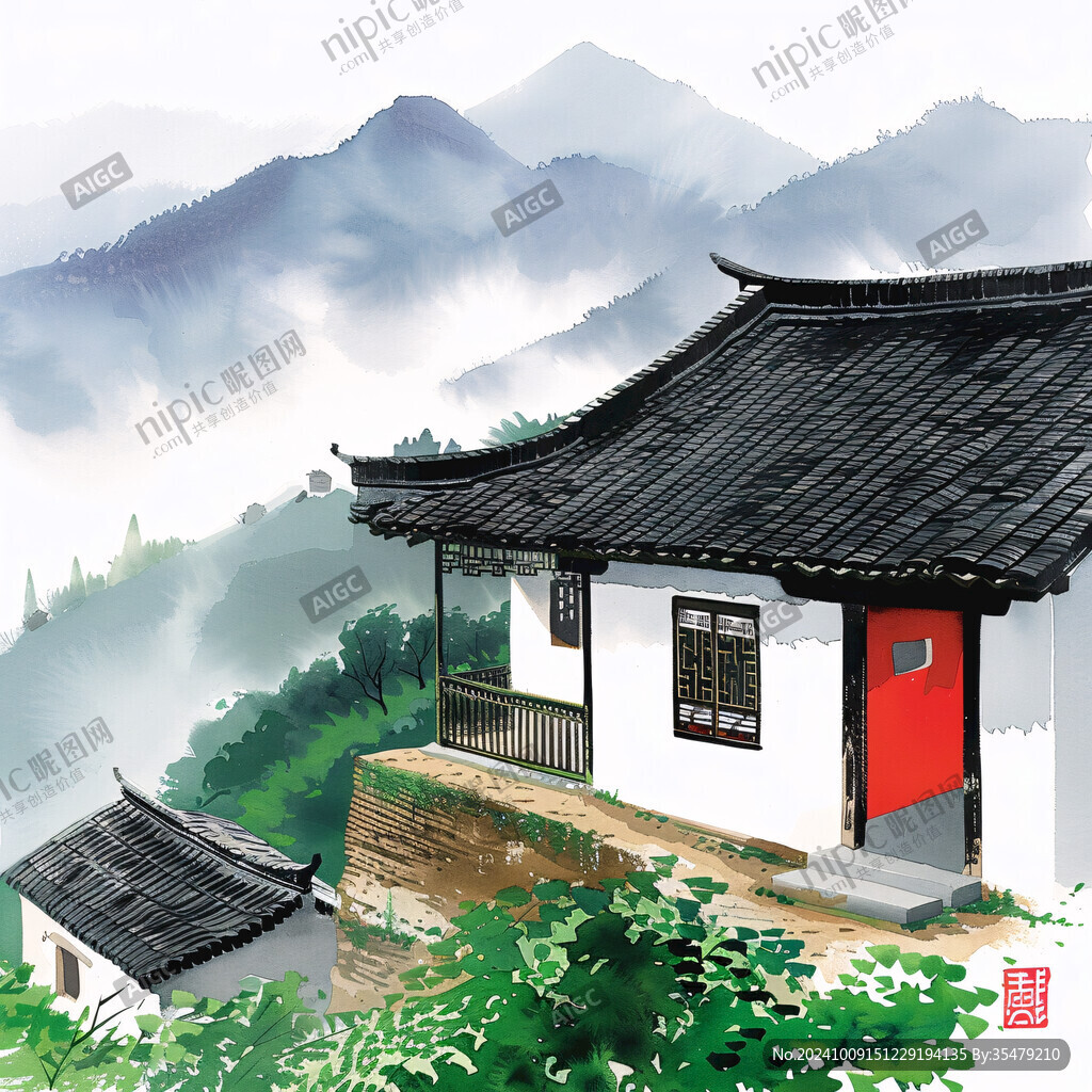 彩色古建筑院子水墨畫