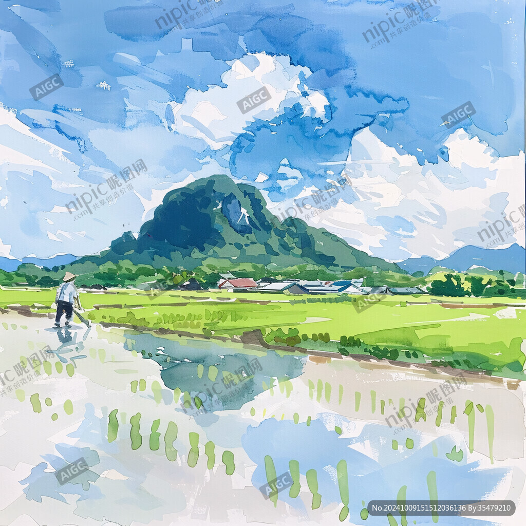 稻田農田手繪插畫