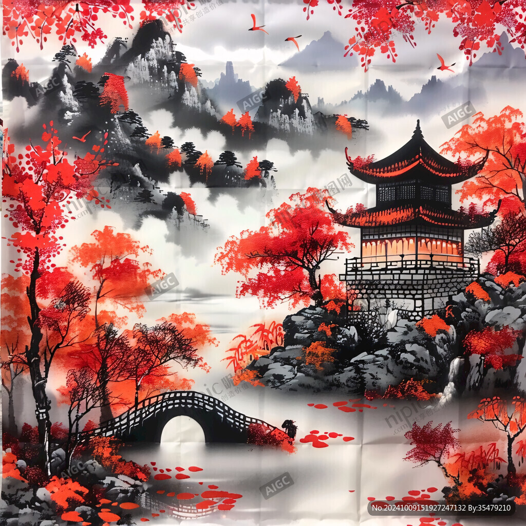 紅葉山水掛畫壁畫