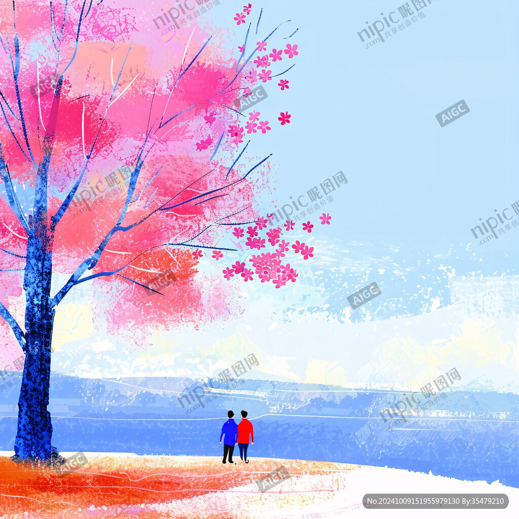 櫻花樹下的情侶