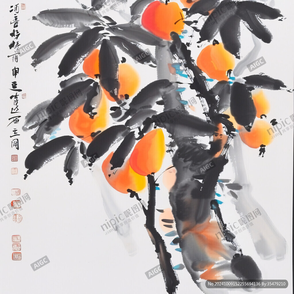 寫意國畫柿子樹
