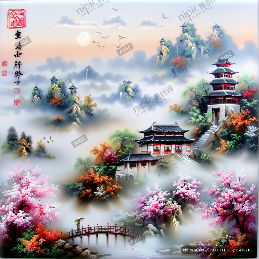 山水樓閣亭臺墻畫
