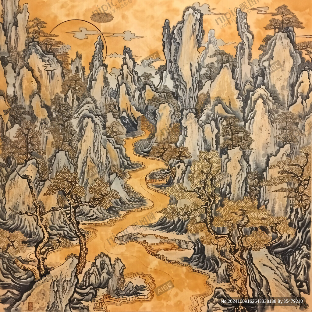 手繪描金線條山水玄關