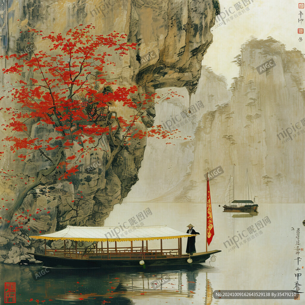紅色小舟水墨畫