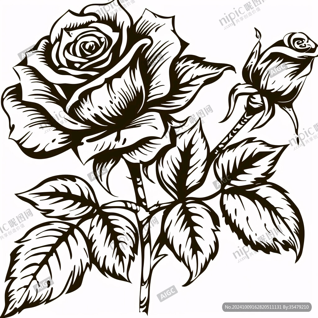 玫瑰花黑白線描畫