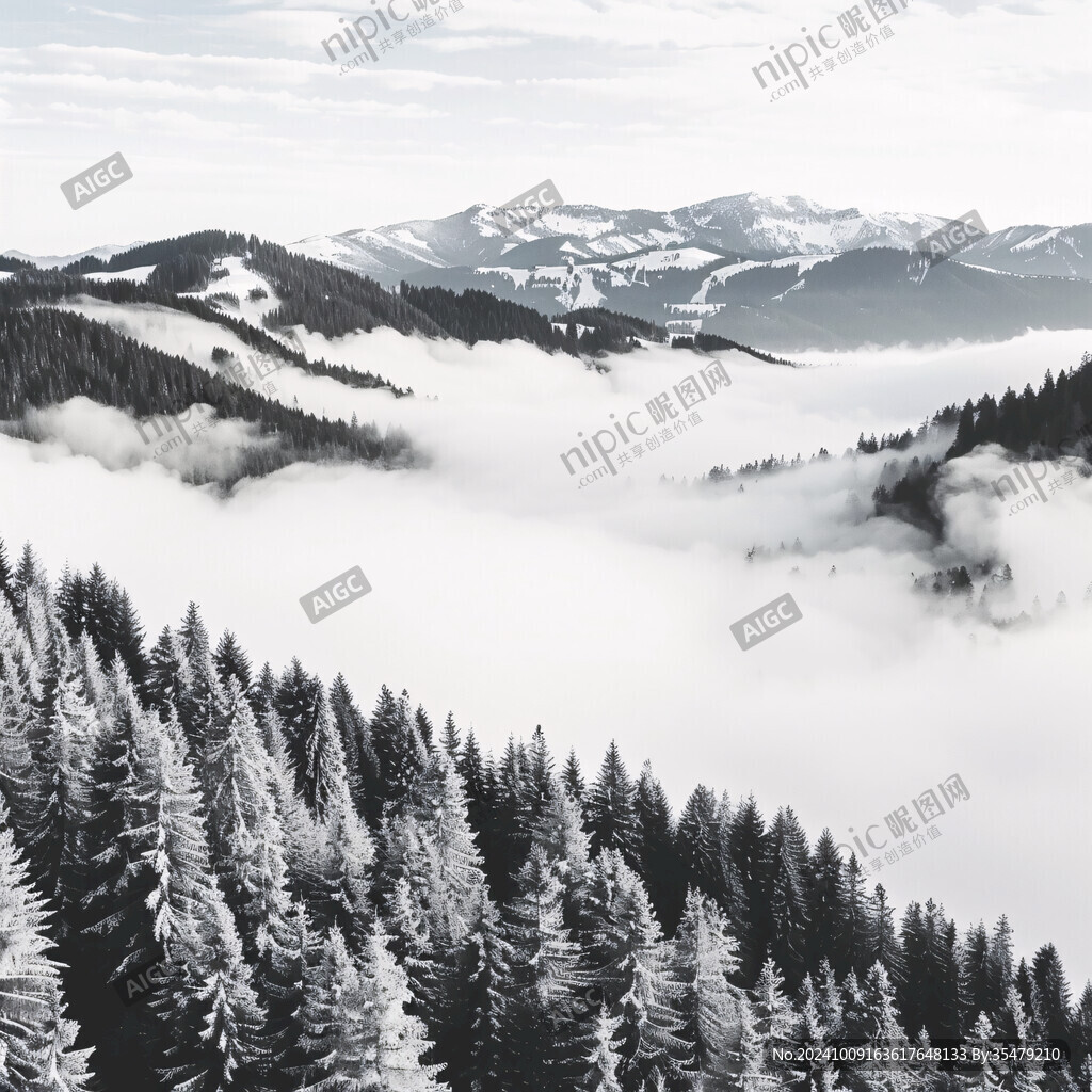 雪山松林晨霧圖