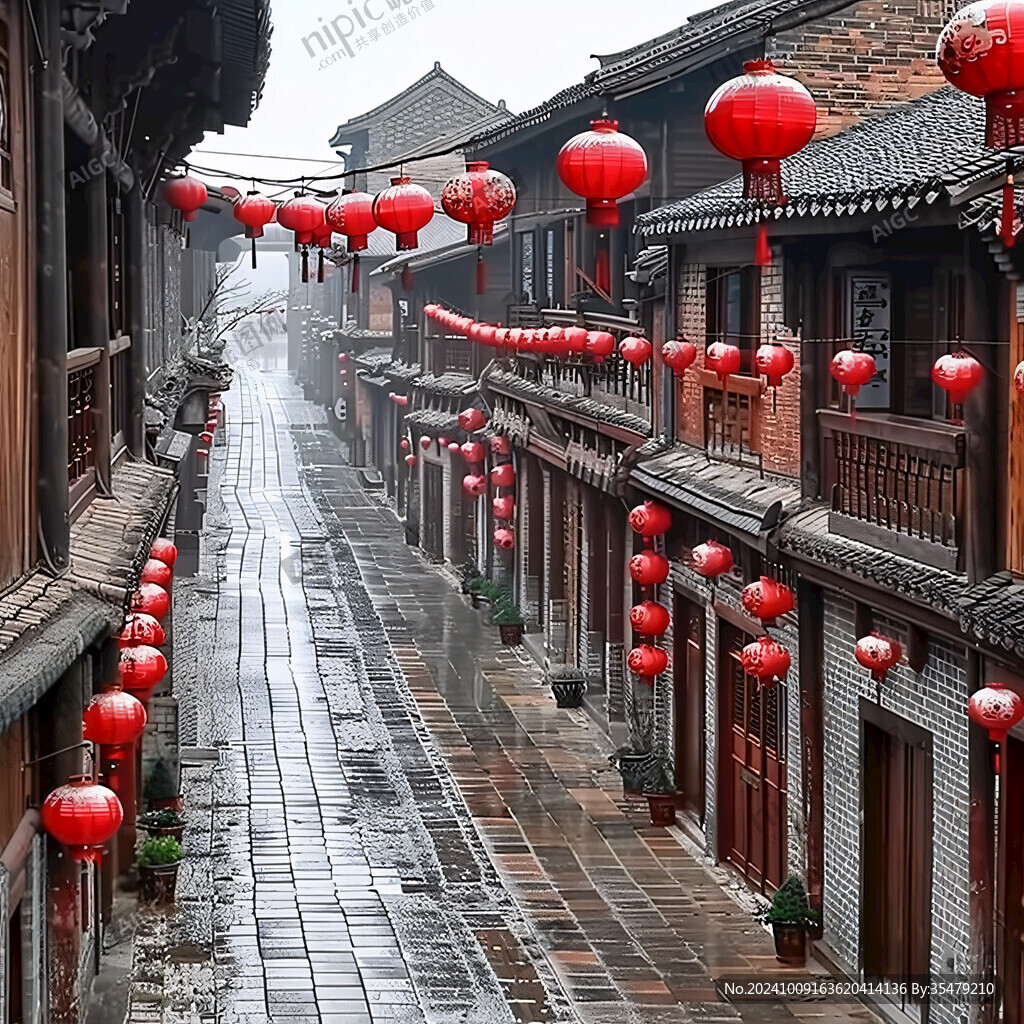 掛紅燈籠的古鎮(zhèn)老街