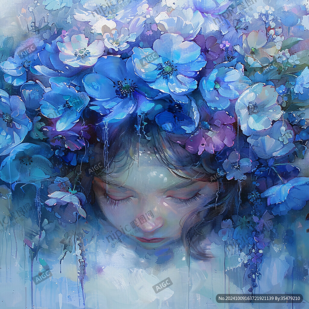 捧花藍(lán)的女孩插畫