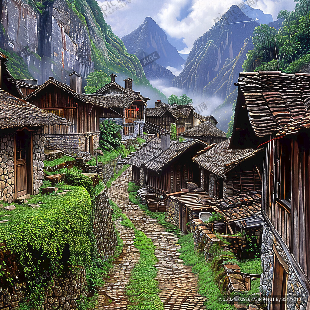 古樸村落油畫