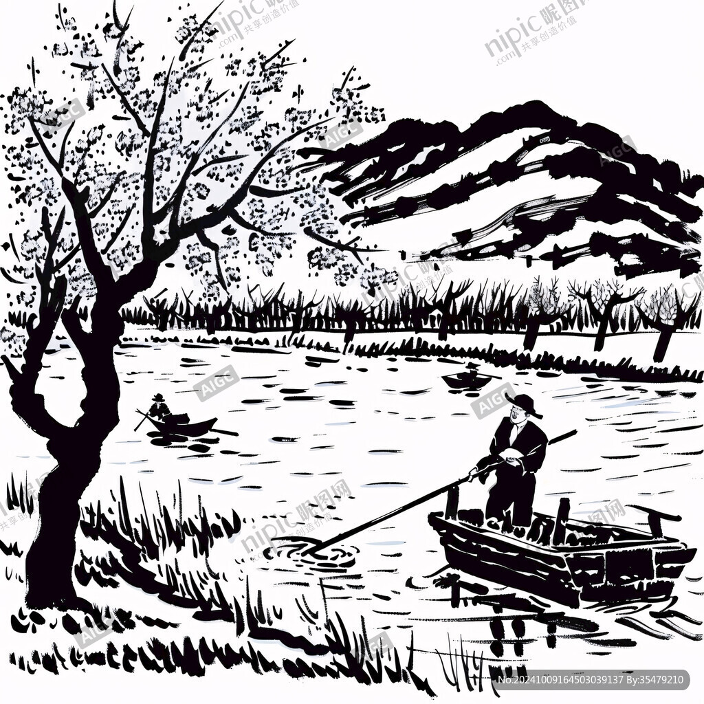 水墨漁夫垂釣水鄉(xiāng)