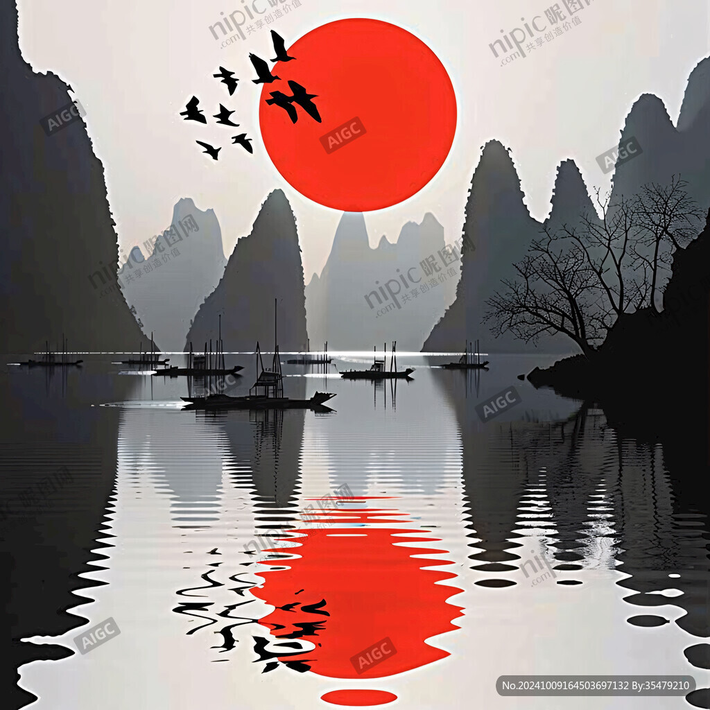 紅日水墨山水