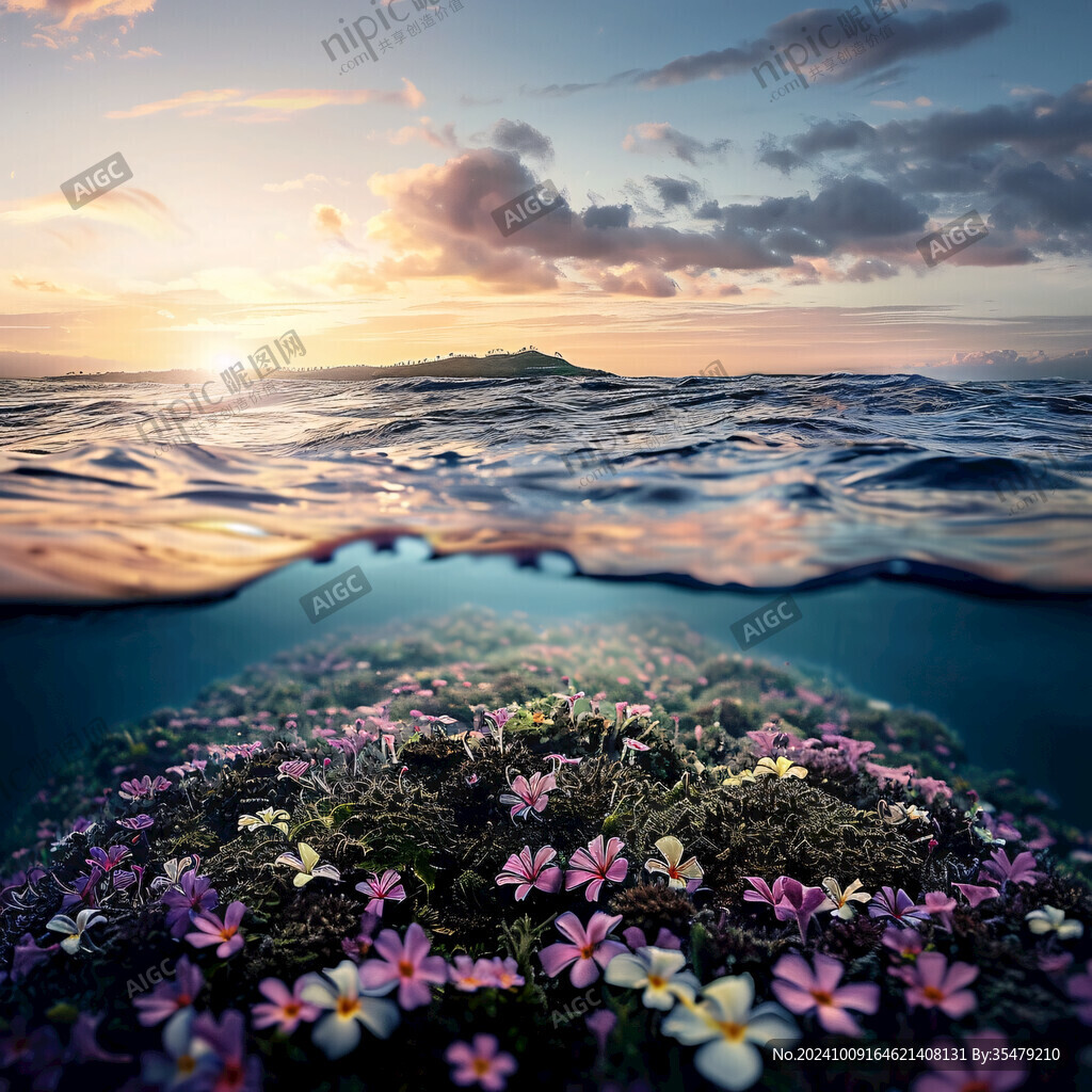 唯美大海彩色水草