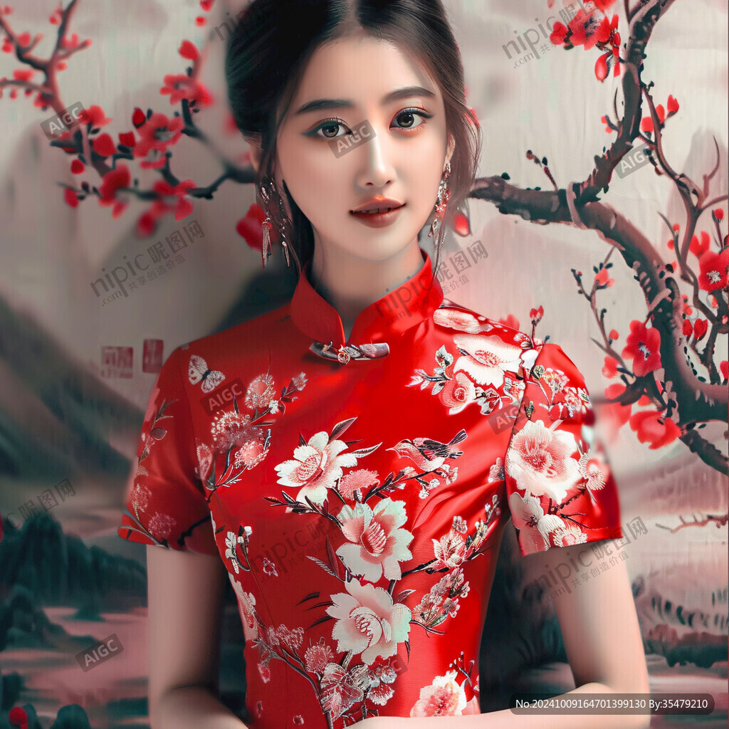手繪美女紅梅圖