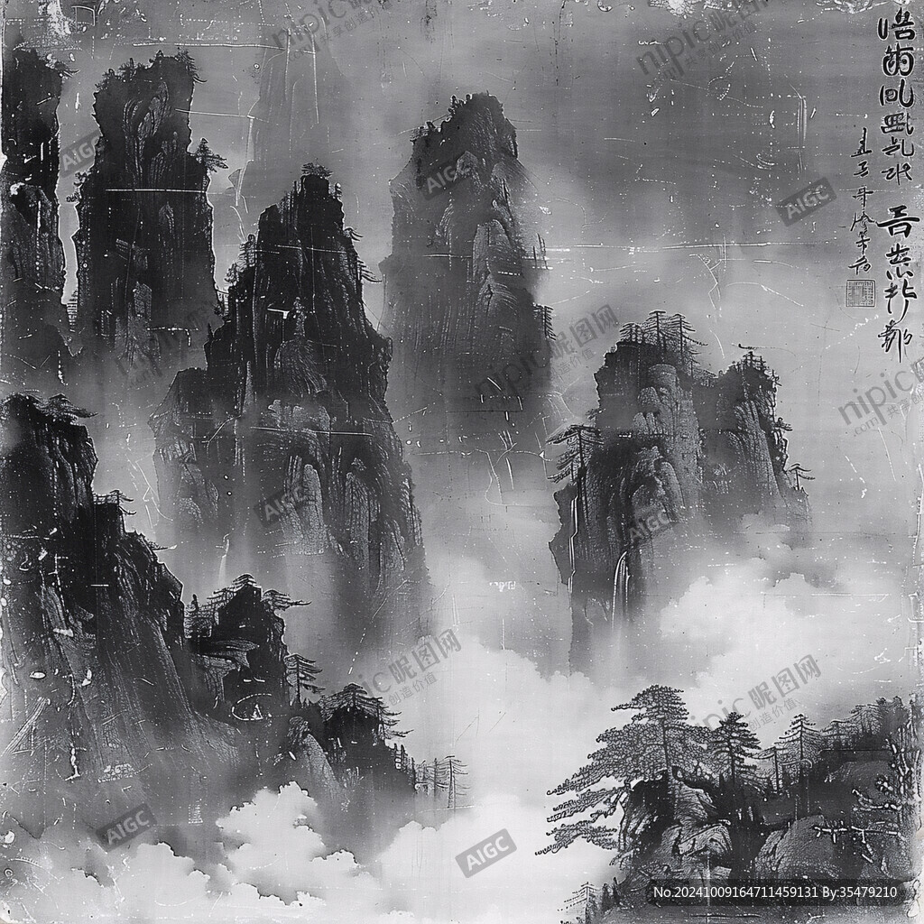屏風畫禪意山峰云霧