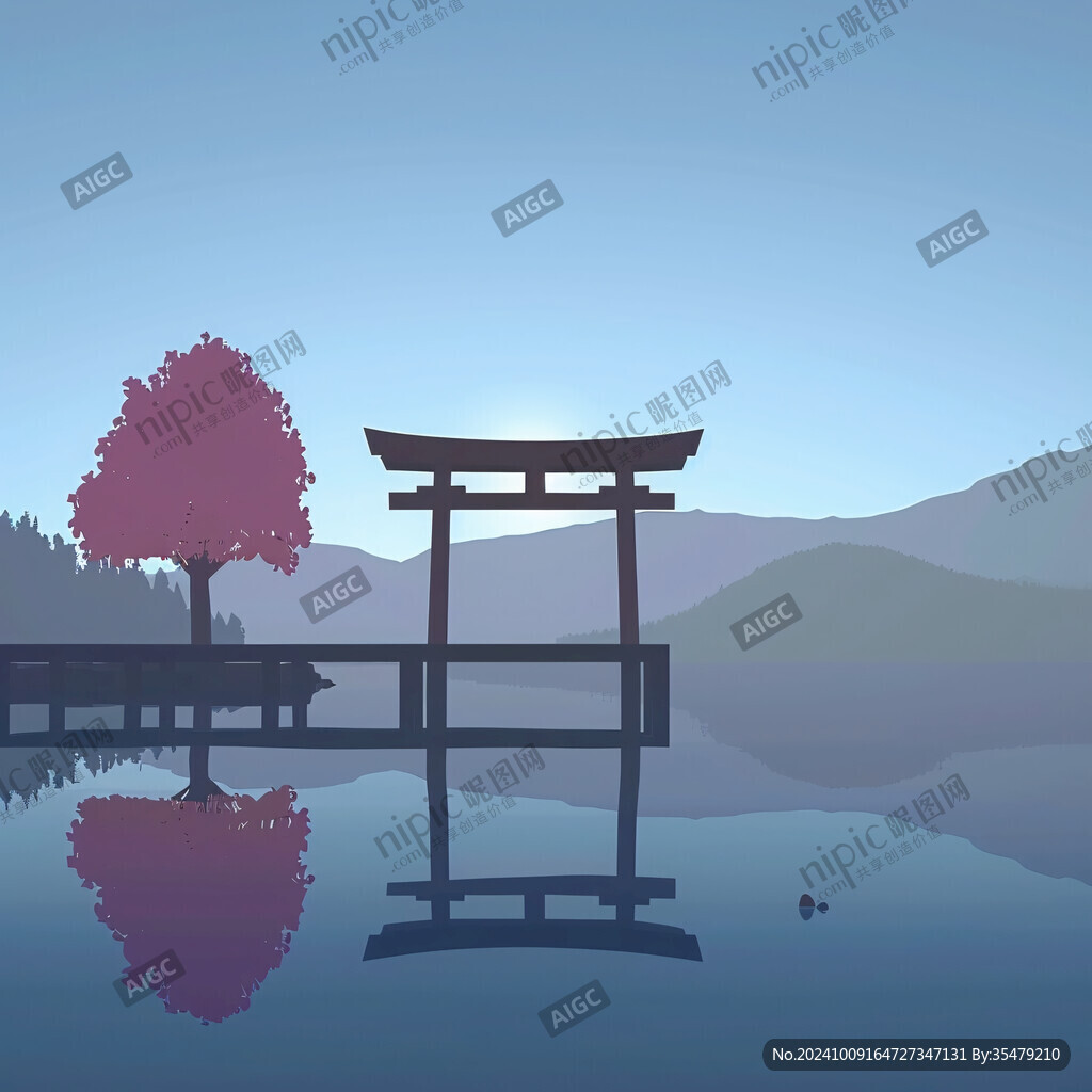 樹木湖水涼亭