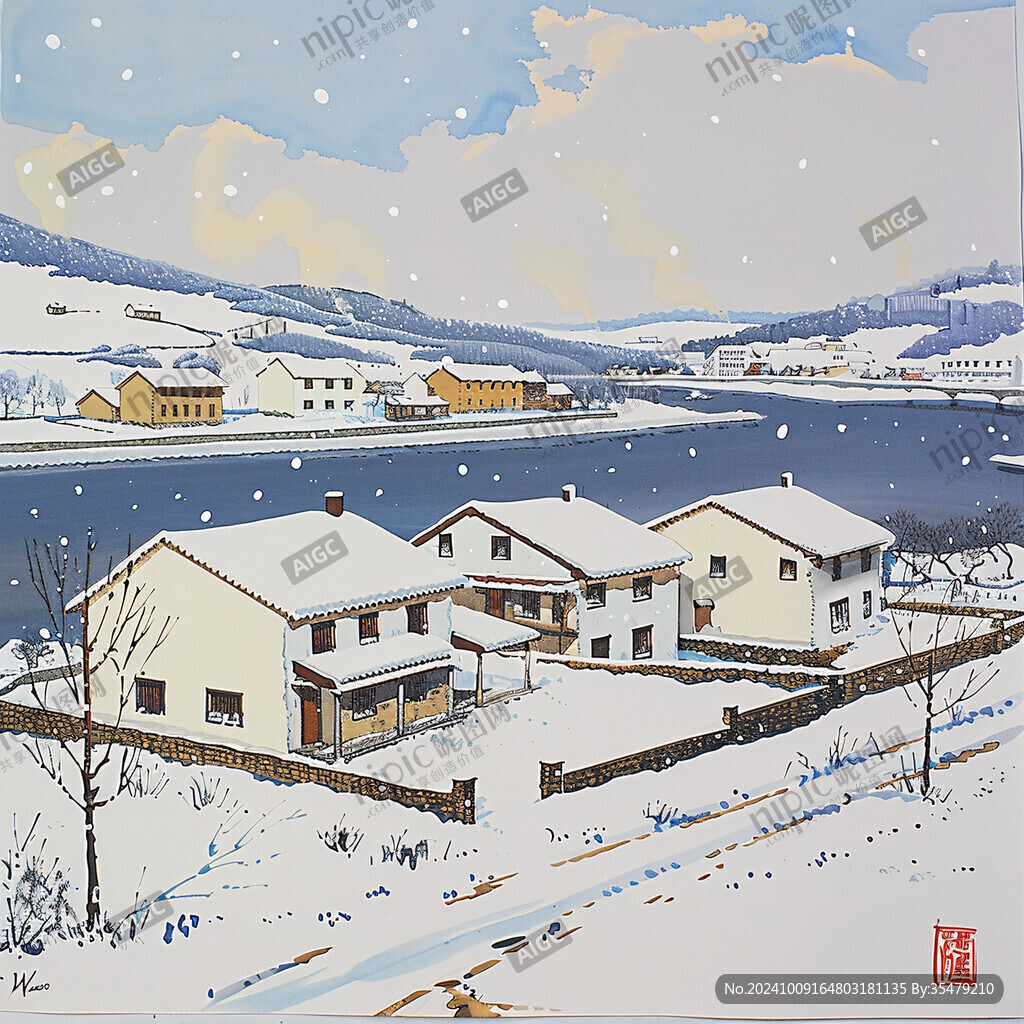 手繪山村雪景圖