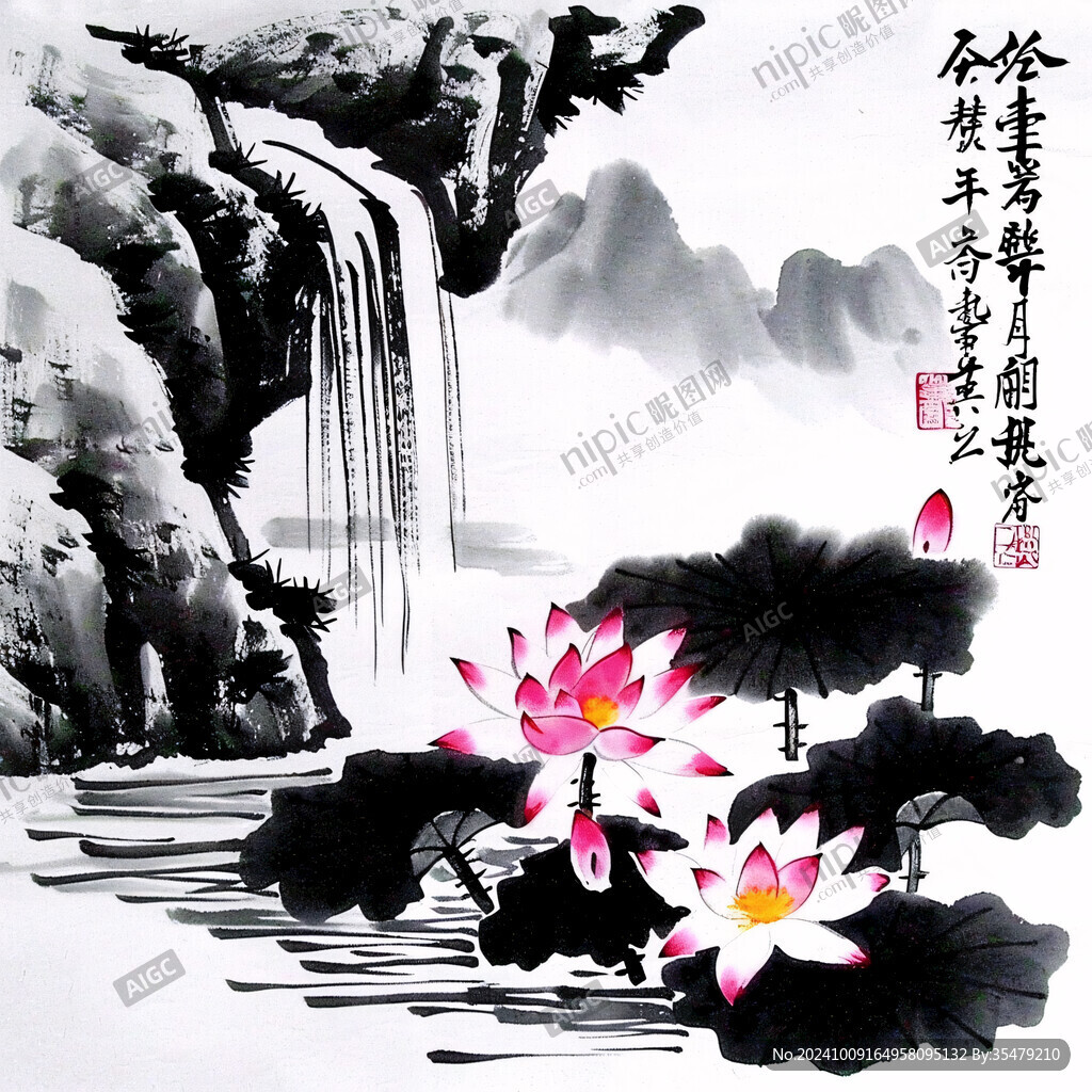 水墨蓮花手繪風(fēng)景畫