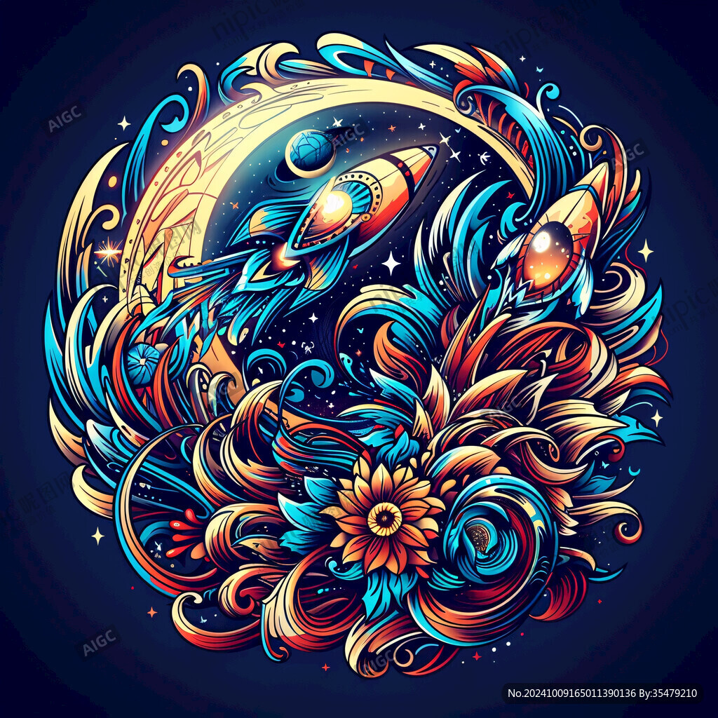 孔雀花卉圓形插畫