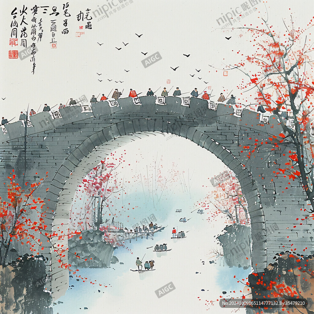 小橋流水年畫水墨畫
