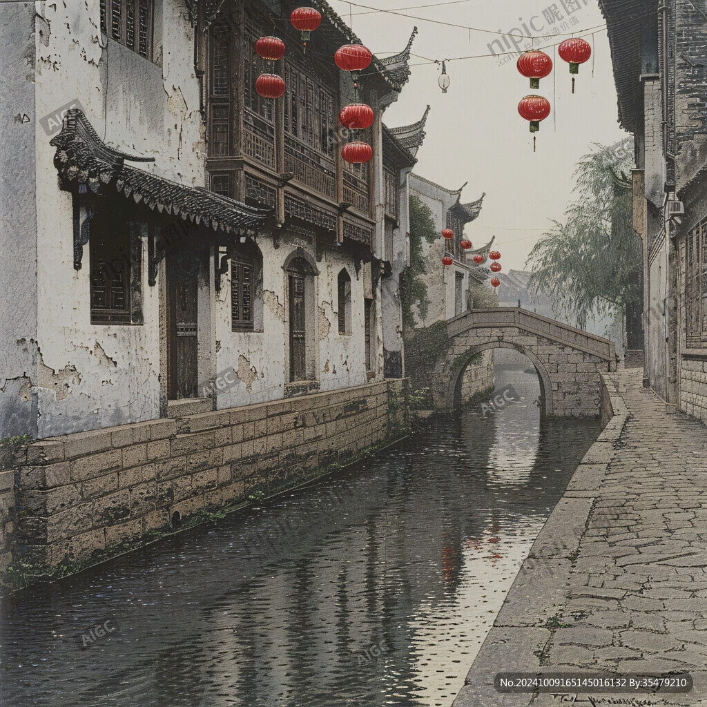 江南古鎮(zhèn)油畫效果