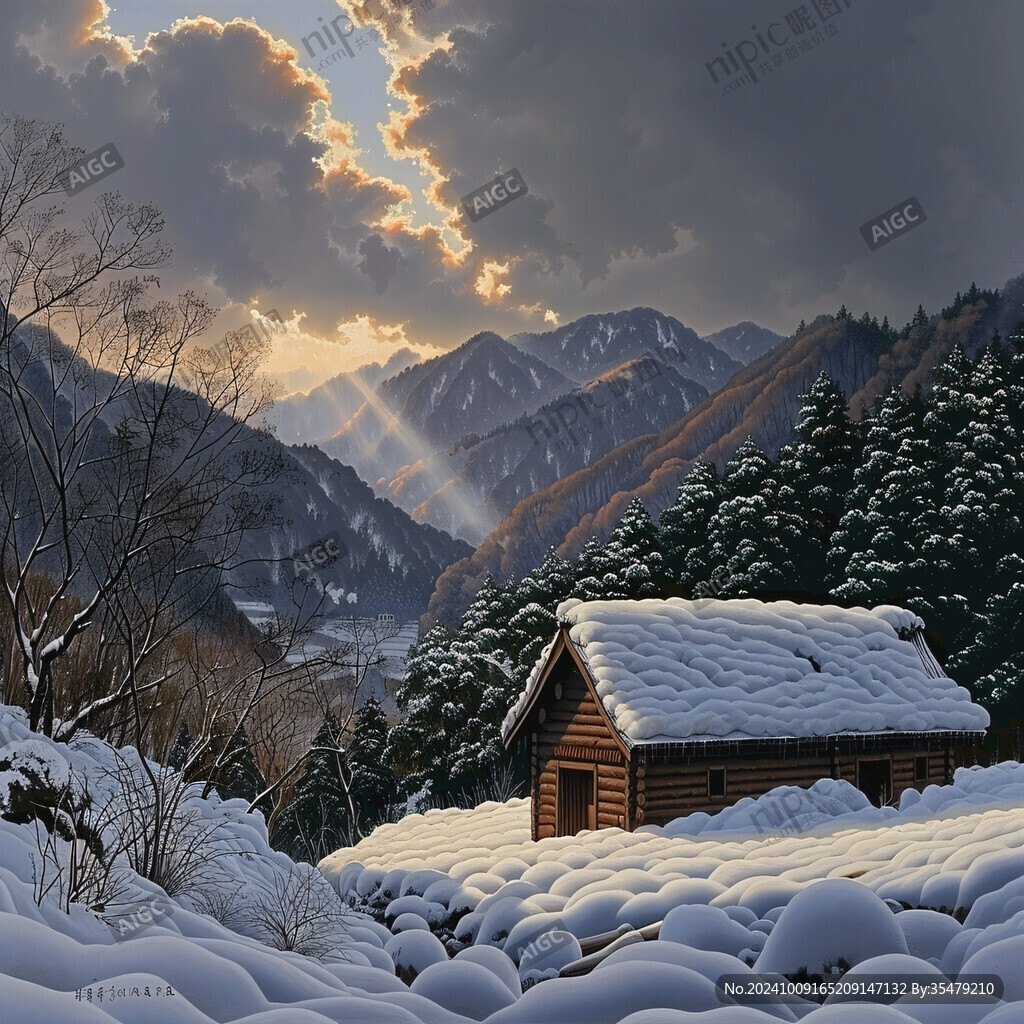 雪山飛雪油畫
