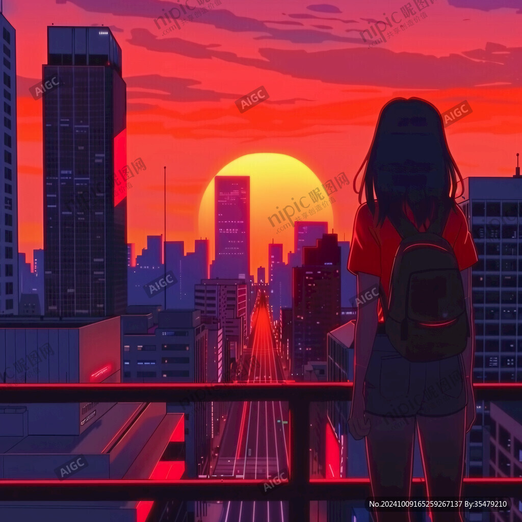 插畫城市夕陽