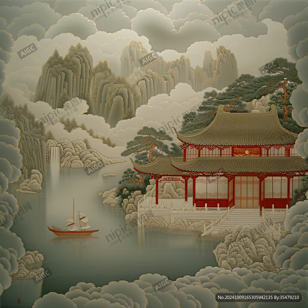 山水樓閣亭臺墻畫