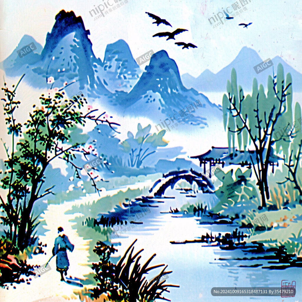 小橋流水年畫水墨畫