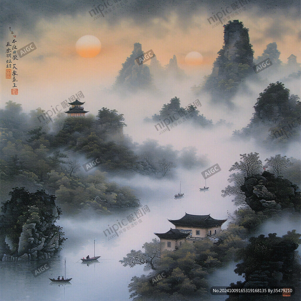 旭日東升樓閣山水畫
