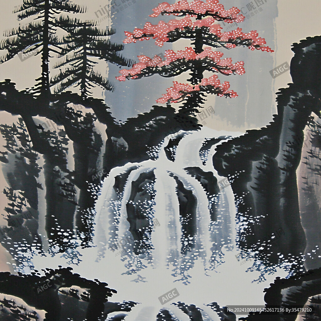 屏風溪流山巒梅花