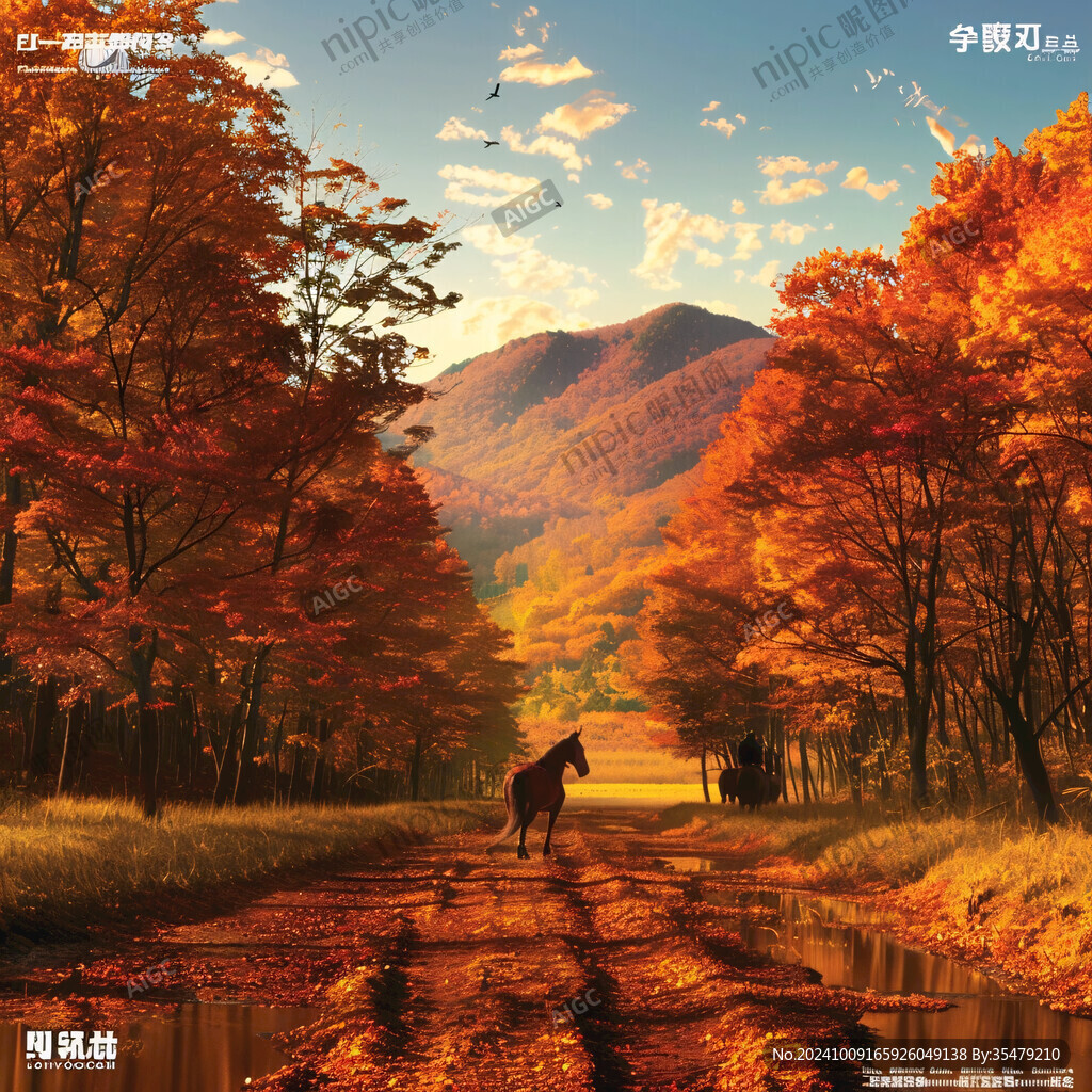 秋季森林草原馬群