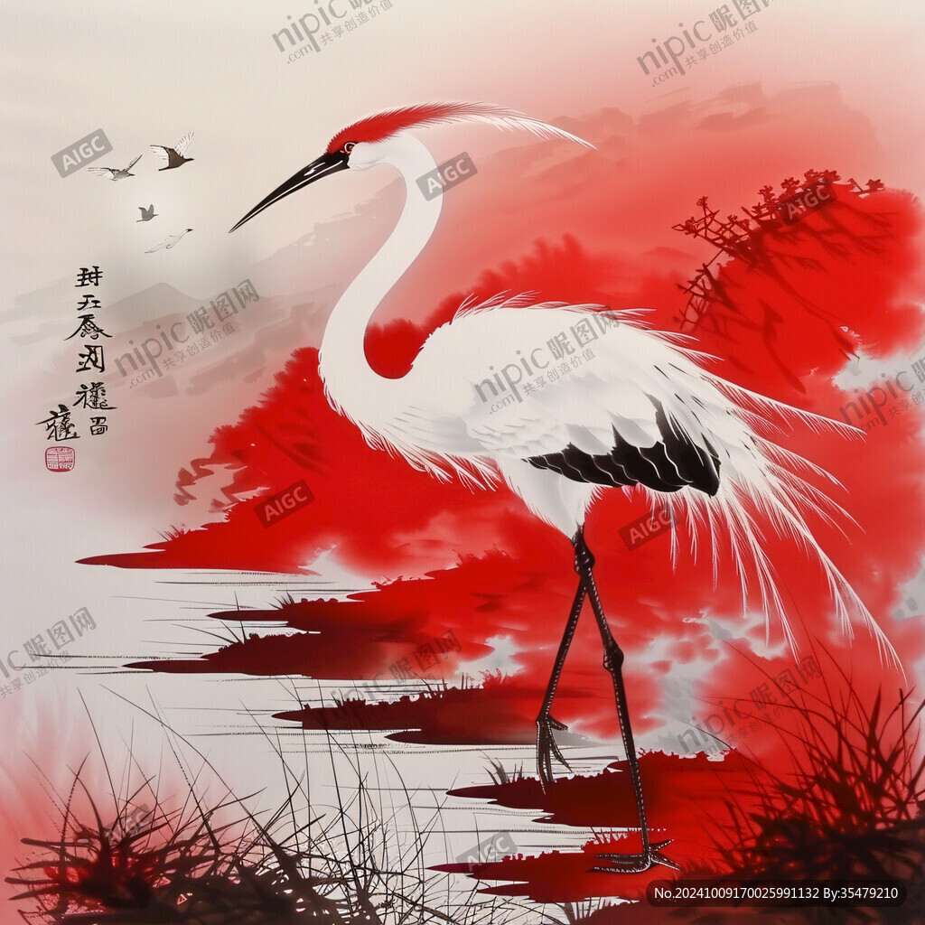 仙鶴紅日國畫