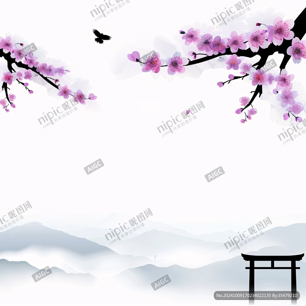 水墨桃花禪意山水