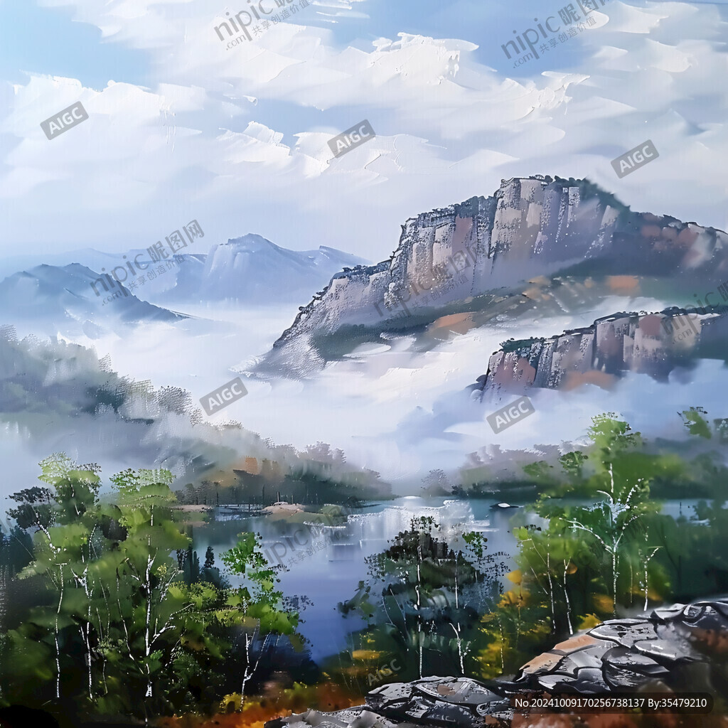 油畫遠(yuǎn)山群山倒影云霧