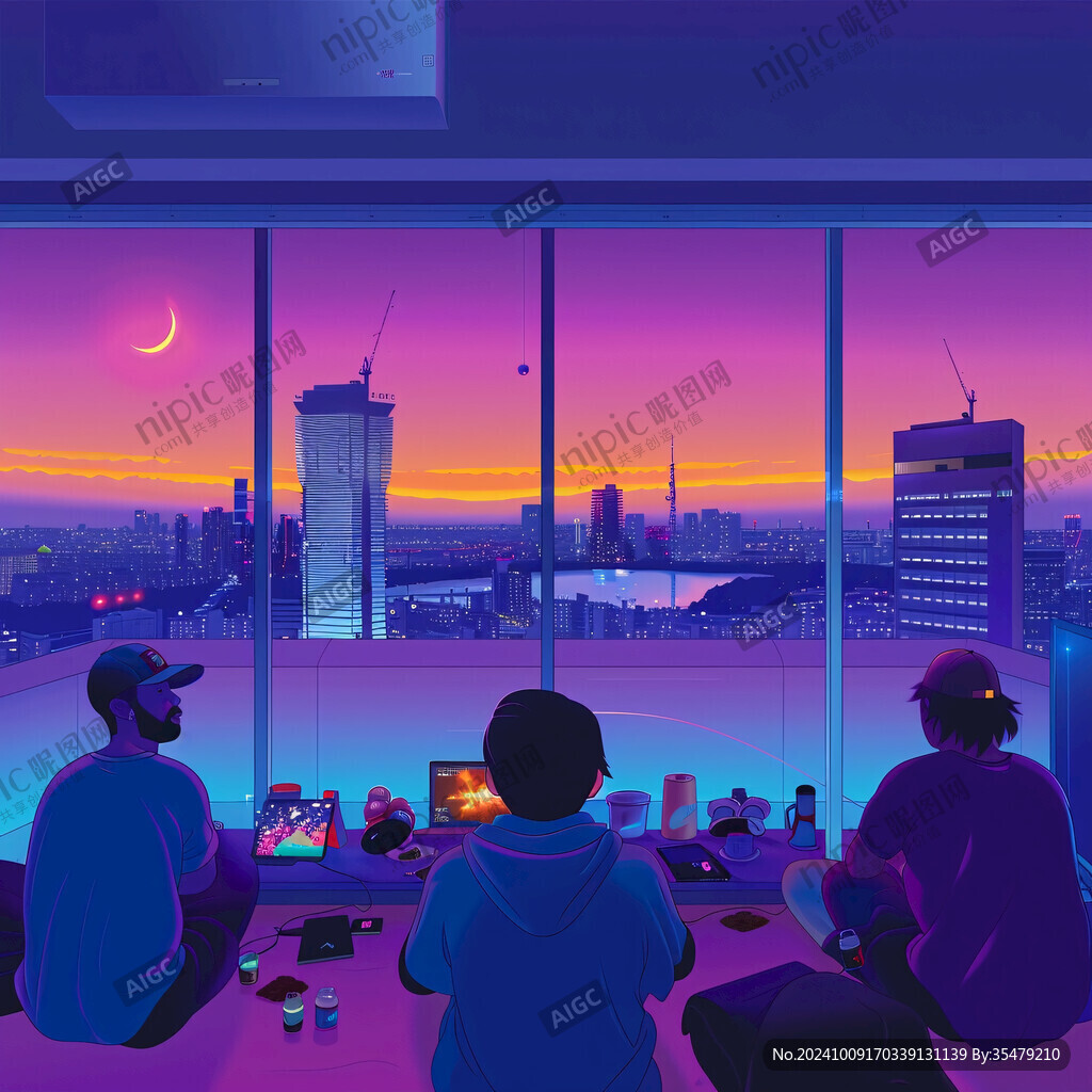 插畫城市夕陽