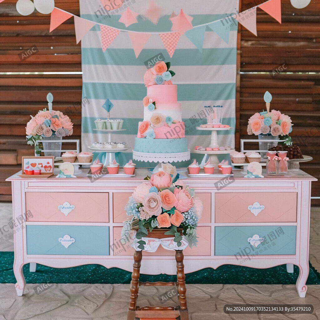 粉藍(lán)婚禮甜品酒水臺(tái)