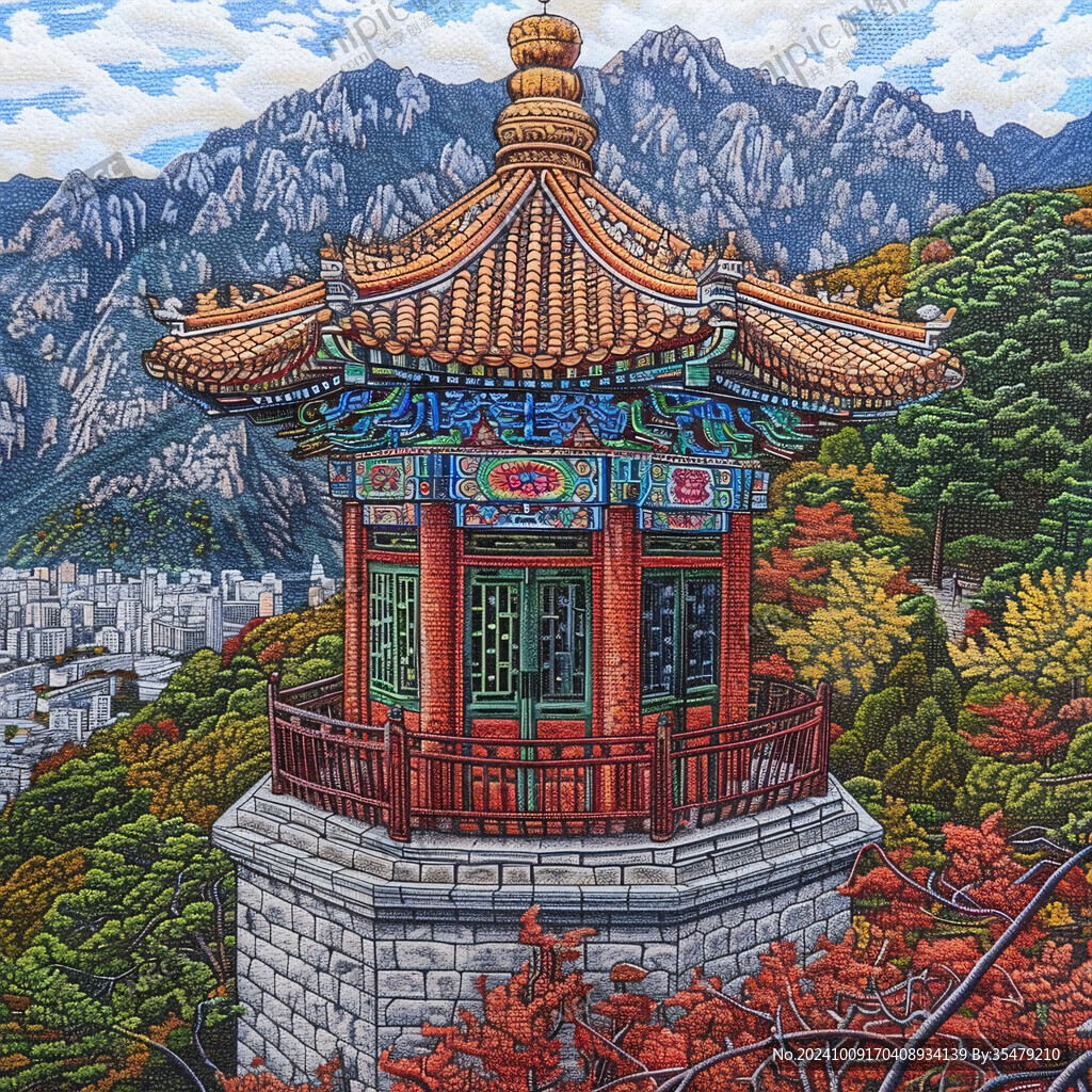 線描山水亭臺樓閣壁畫