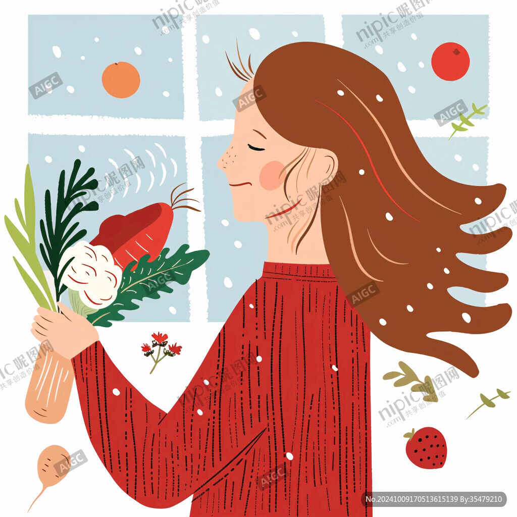 女孩捧花微笑插畫