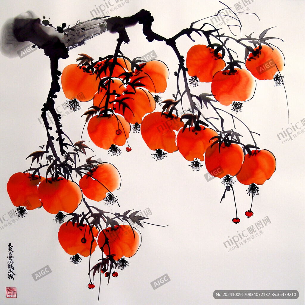 紅柿子國畫柿子