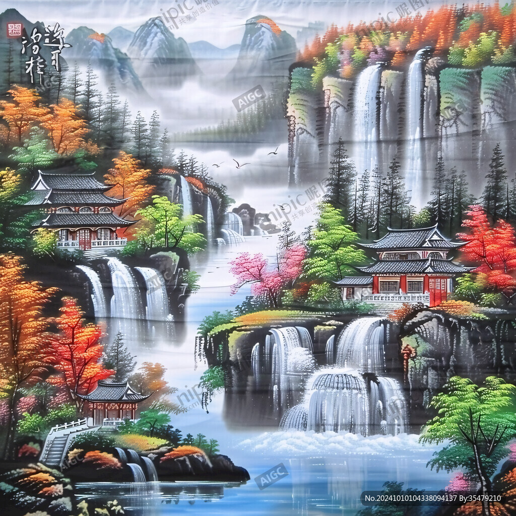 招財(cái)瀑布山水畫